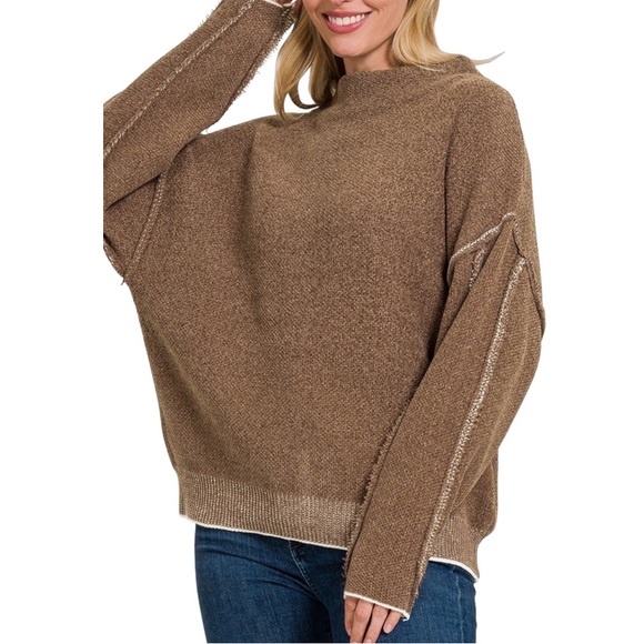 Mocha Oversized Mock Neck Raw Seam Chenille Sweater NWT - (#0156) - Picture 1 of 1
